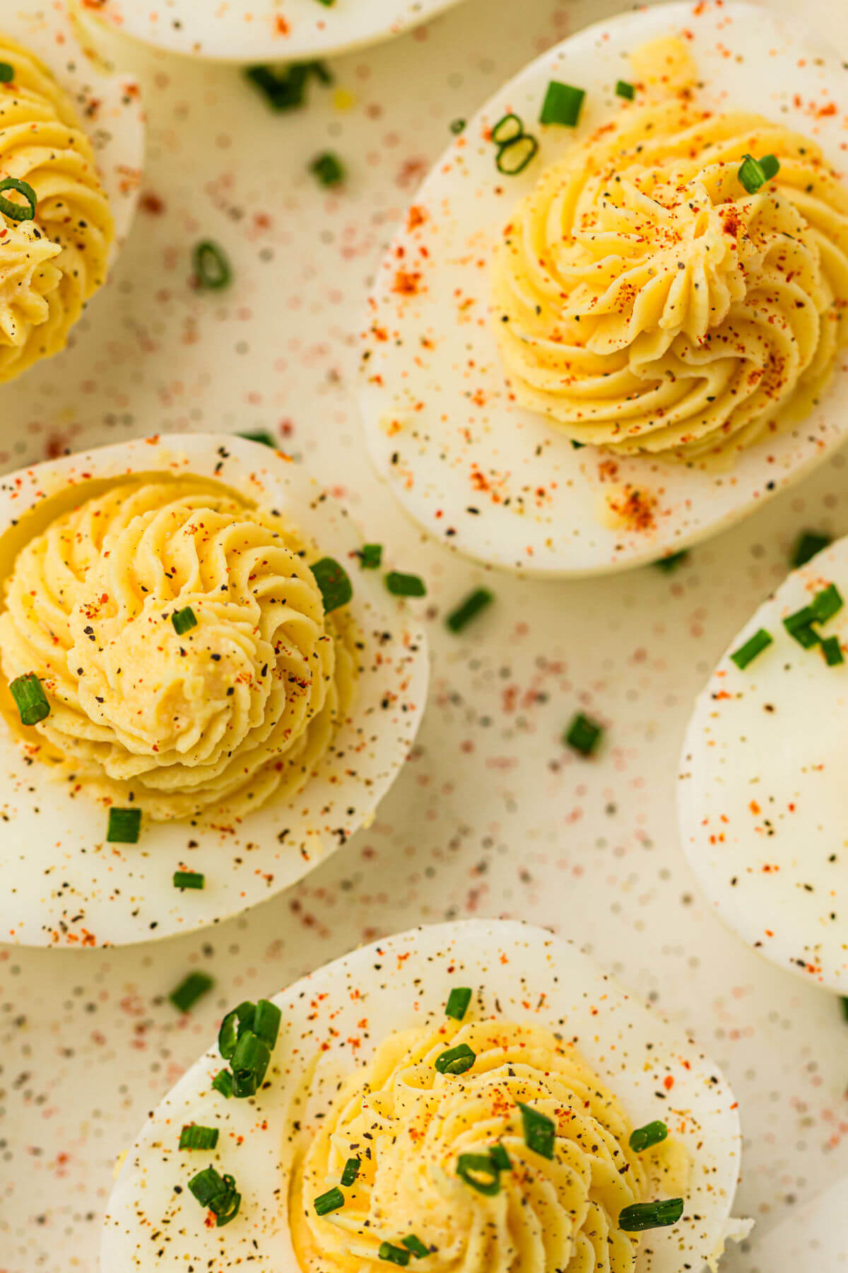 Easy deviled eggs on a serving platter.