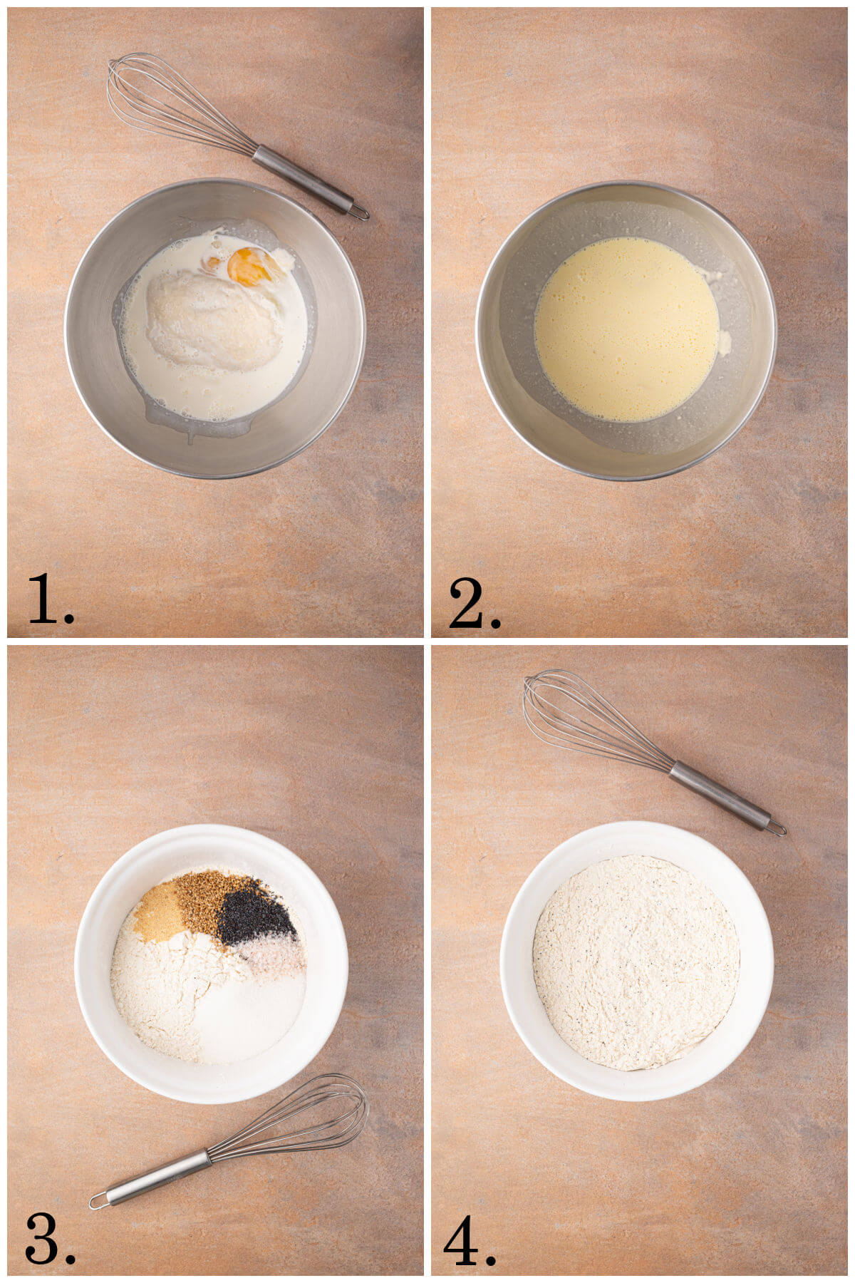 Photo of steps 1 through 4 to make everything bagel sourdough rolls.