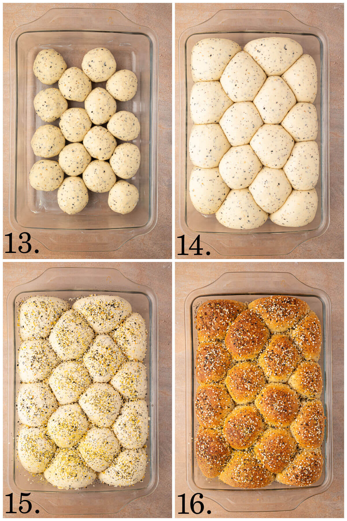 Photo of steps 13 through 16 to make everything bagel sourdough rolls.