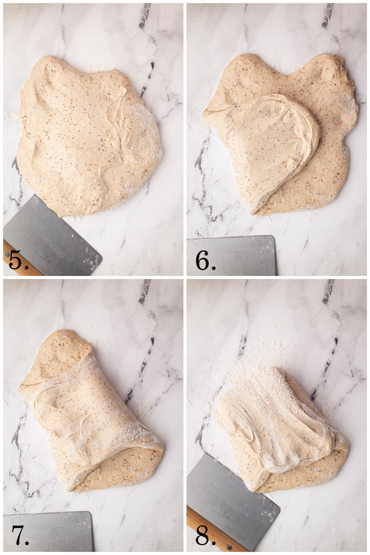 Collage of four photos showing steps 5-8 for how to make everything bagel sourdough bread.
