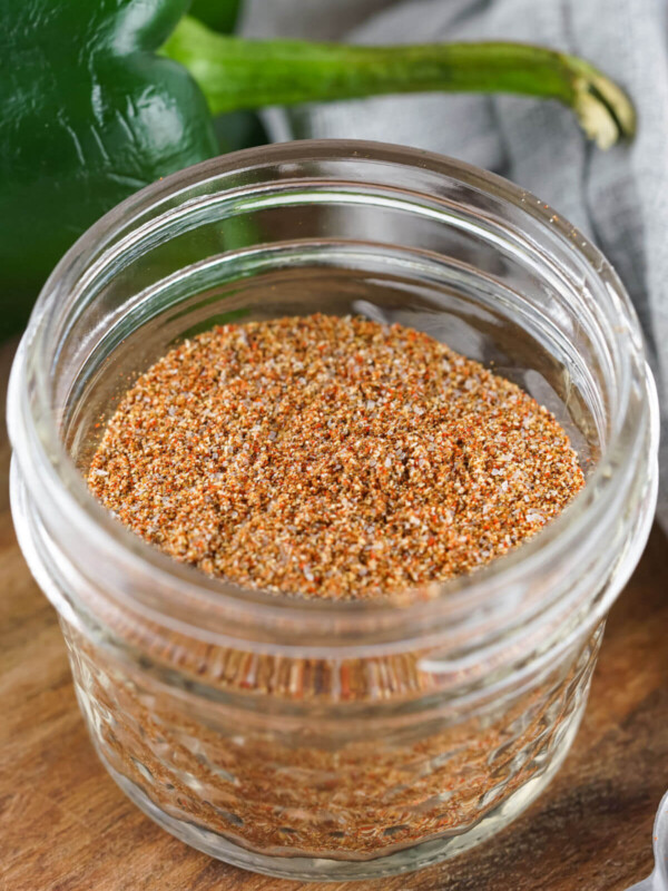 Homemade fajita seasoning mix in a glass jar.