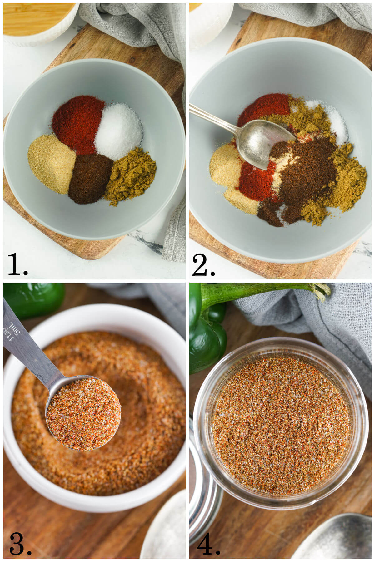 Photos of steps used to make fajita seasoning mix.