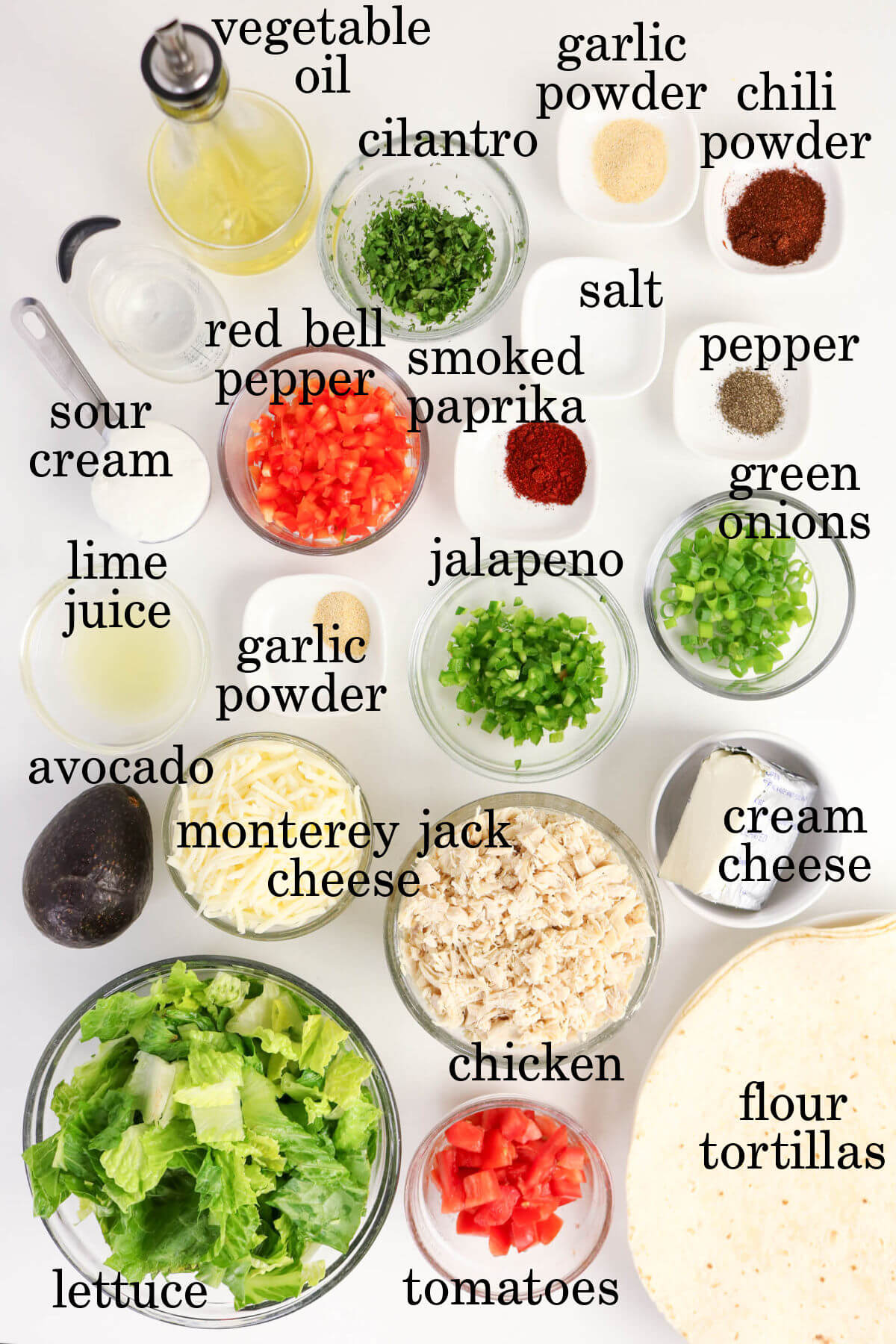 Ingredients for firecracker chicken wraps.