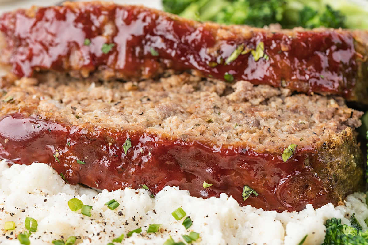 Glazed meatloaf recipe with mashed potatoes.