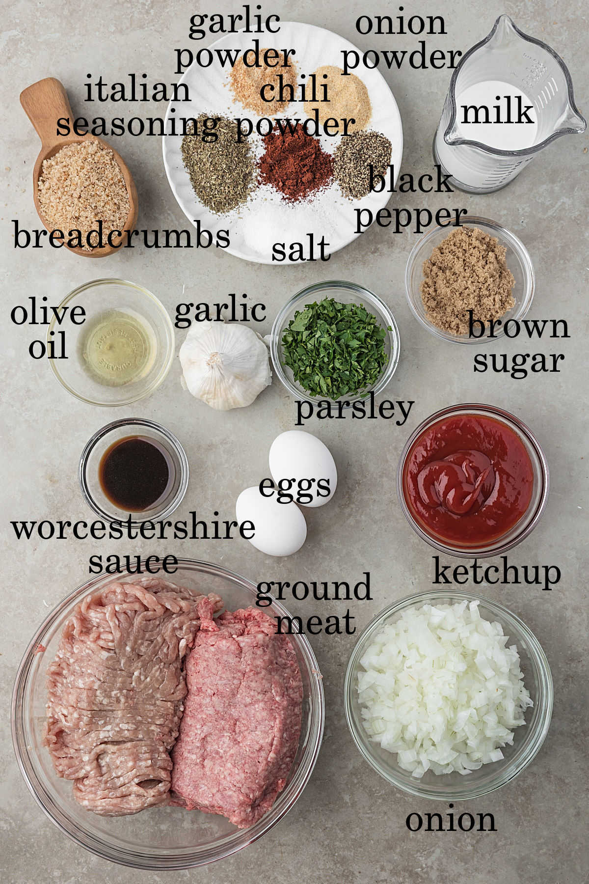 Ingredients for glazed meatloaf recipe.