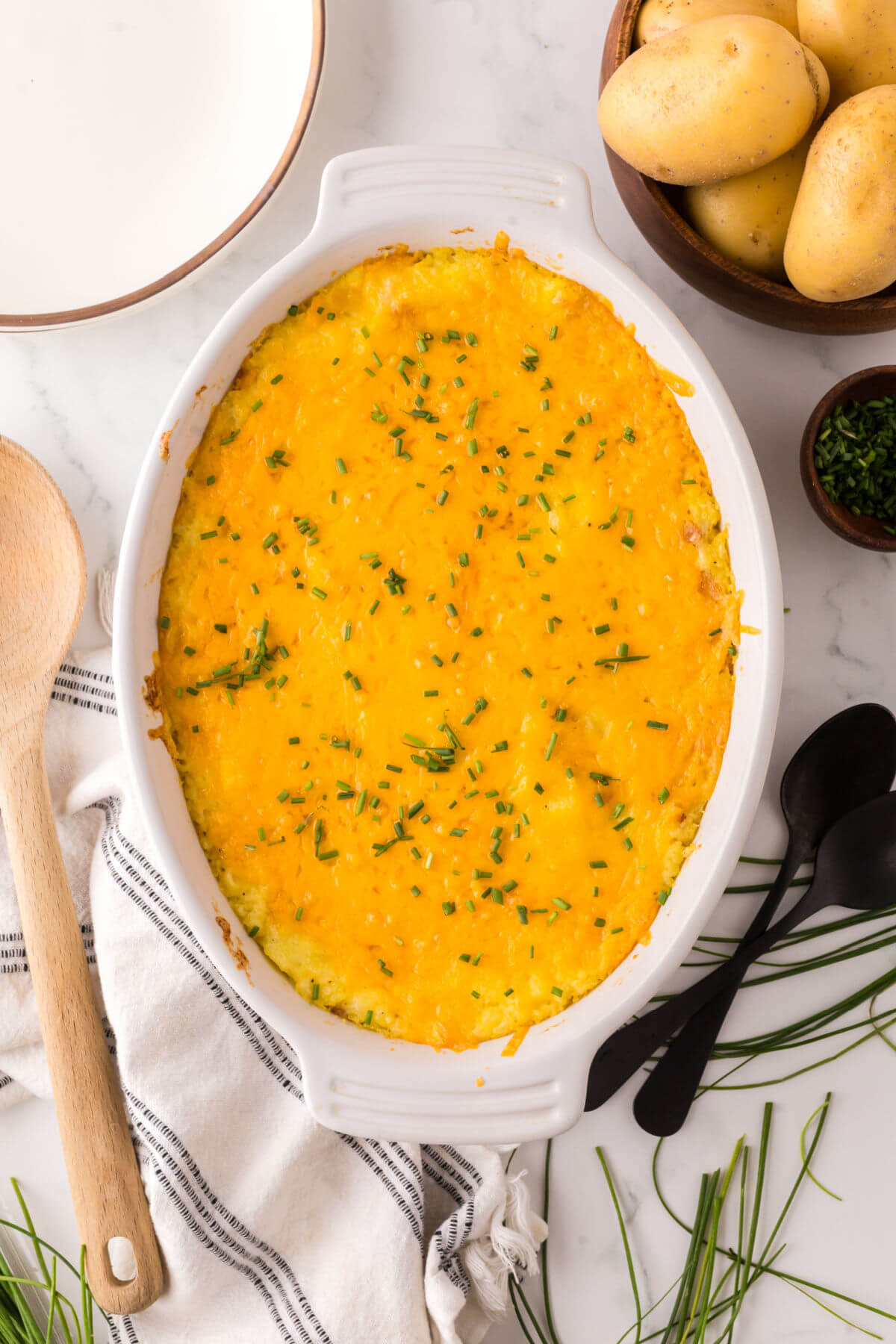 baked mashed potato casserole in a baking dish