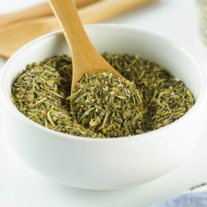 Homemade Herbs de Provence spice mix in a small bowl.
