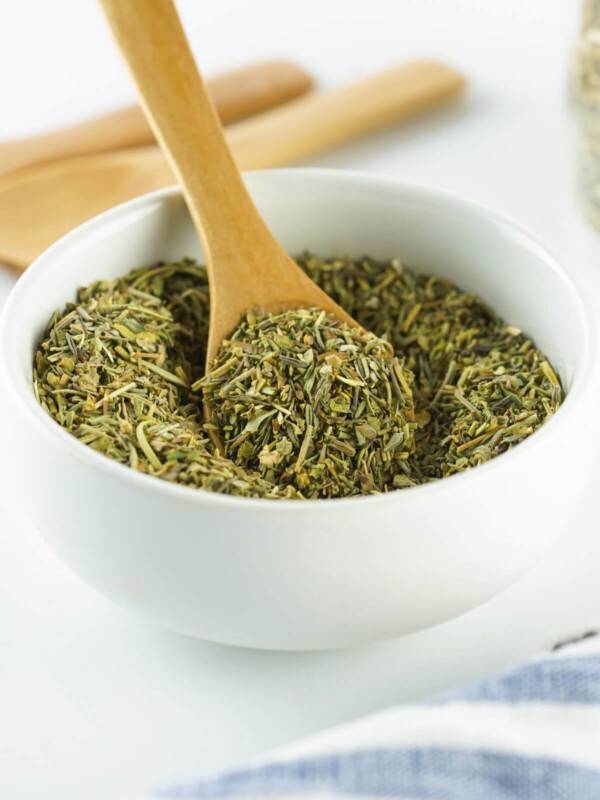 Homemade Herbs de Provence spice mix in a small bowl.