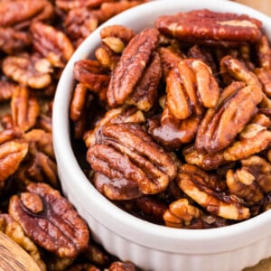 Candied maple pecans in a bowl.