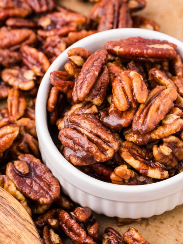 Candied maple pecans in a bowl.