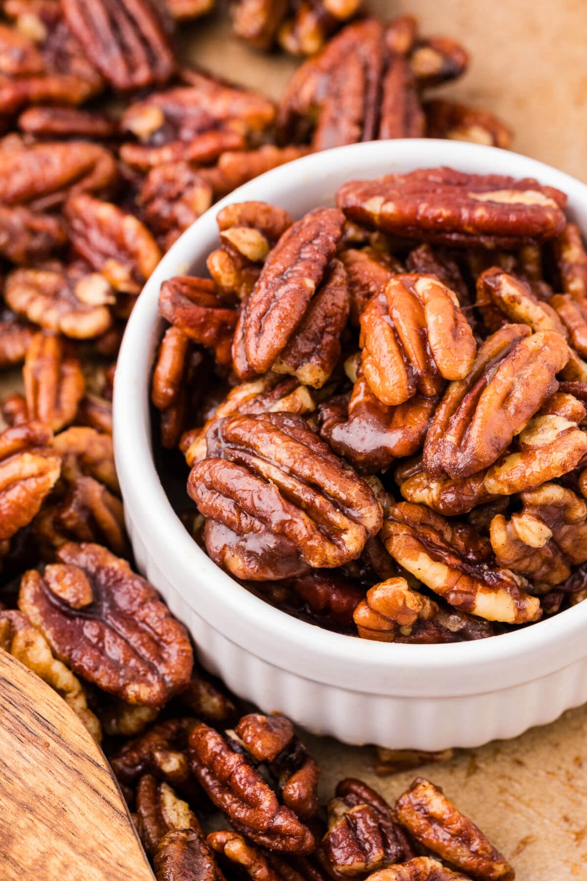 Candied maple pecans in a bowl.