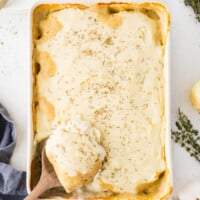 Easy chicken shepherd's pie in a 9x13 casserole dish.