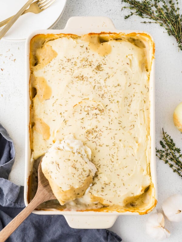 Easy chicken shepherd's pie in a 9x13 casserole dish.