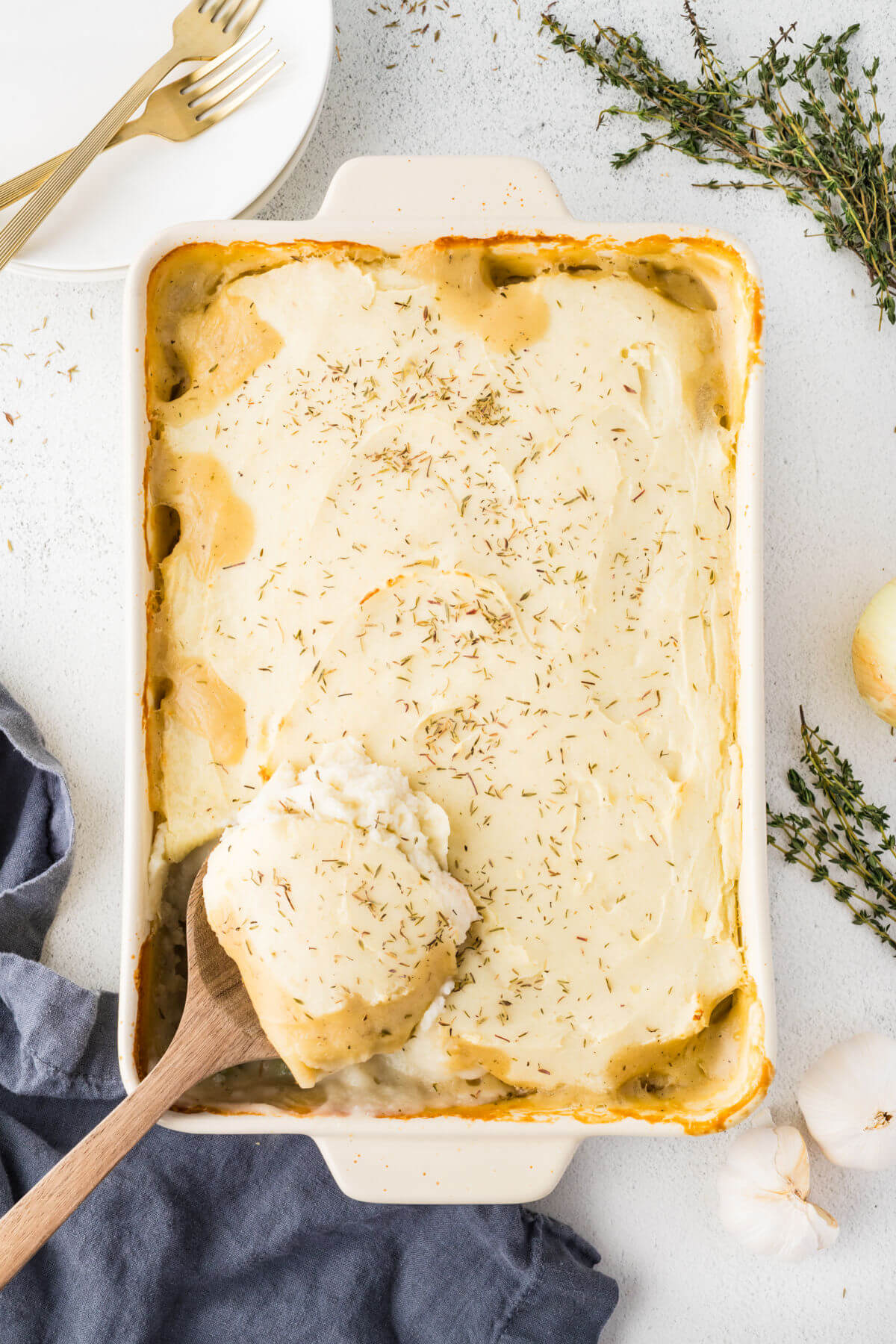 Easy chicken shepherd's pie in a 9x13 casserole dish.