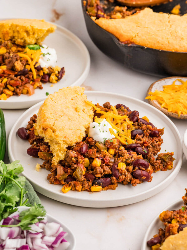 Chili cornbread casserole on a plate.