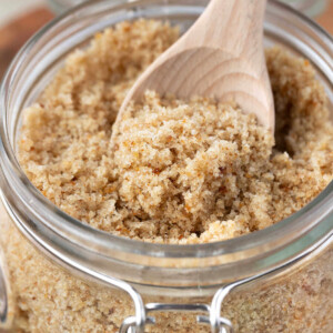 Sourdough breadcrumbs in a glass jar.