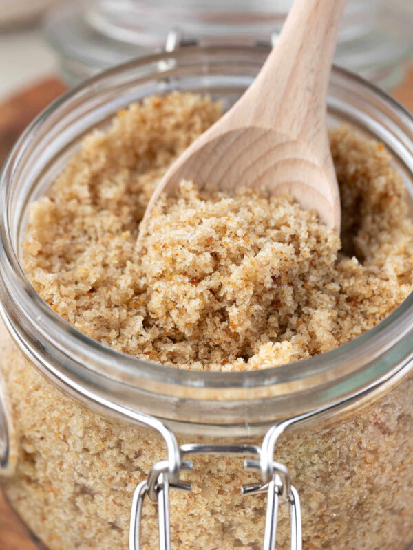 Sourdough breadcrumbs in a glass jar.