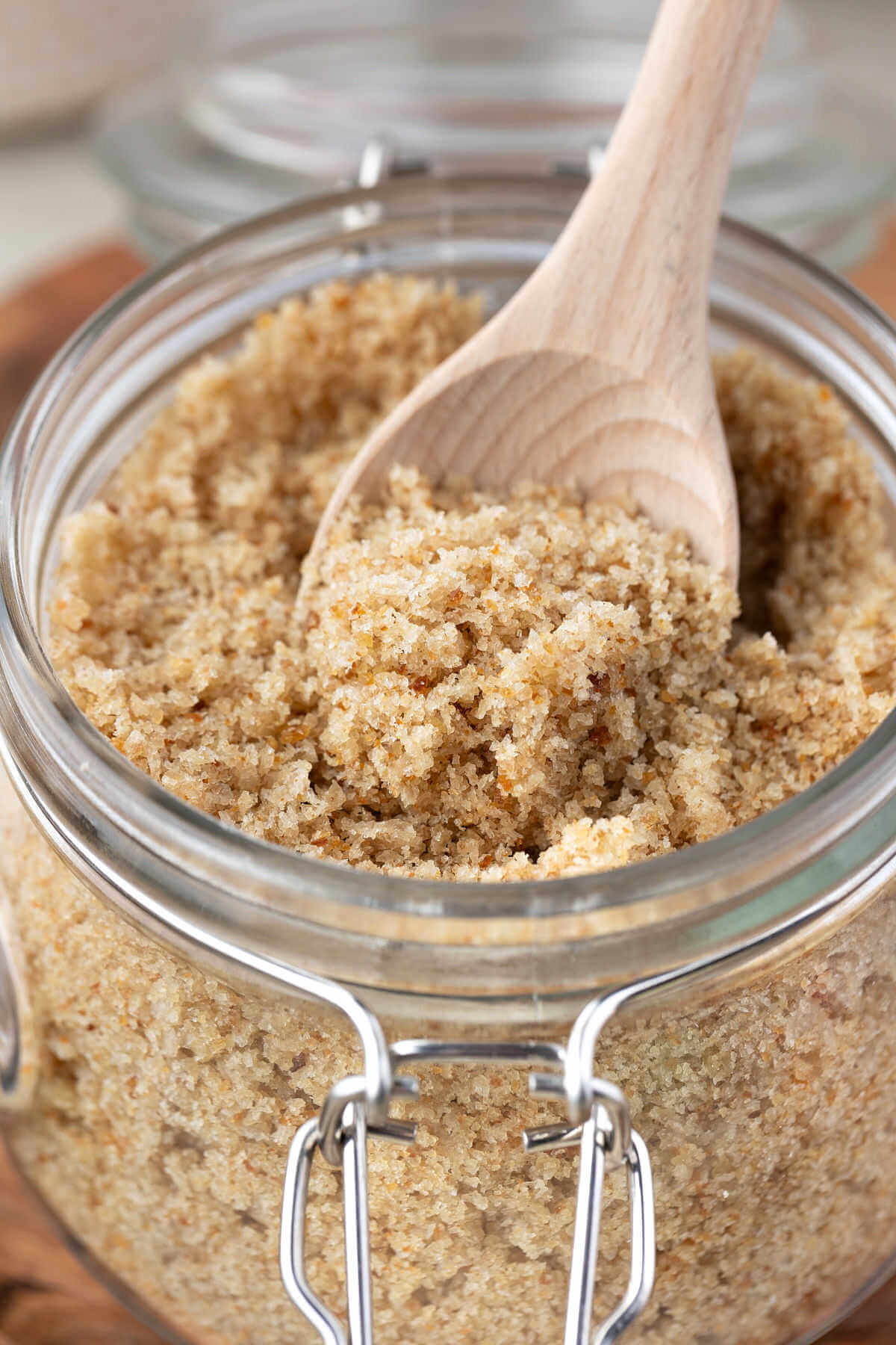 Sourdough breadcrumbs in a glass jar.