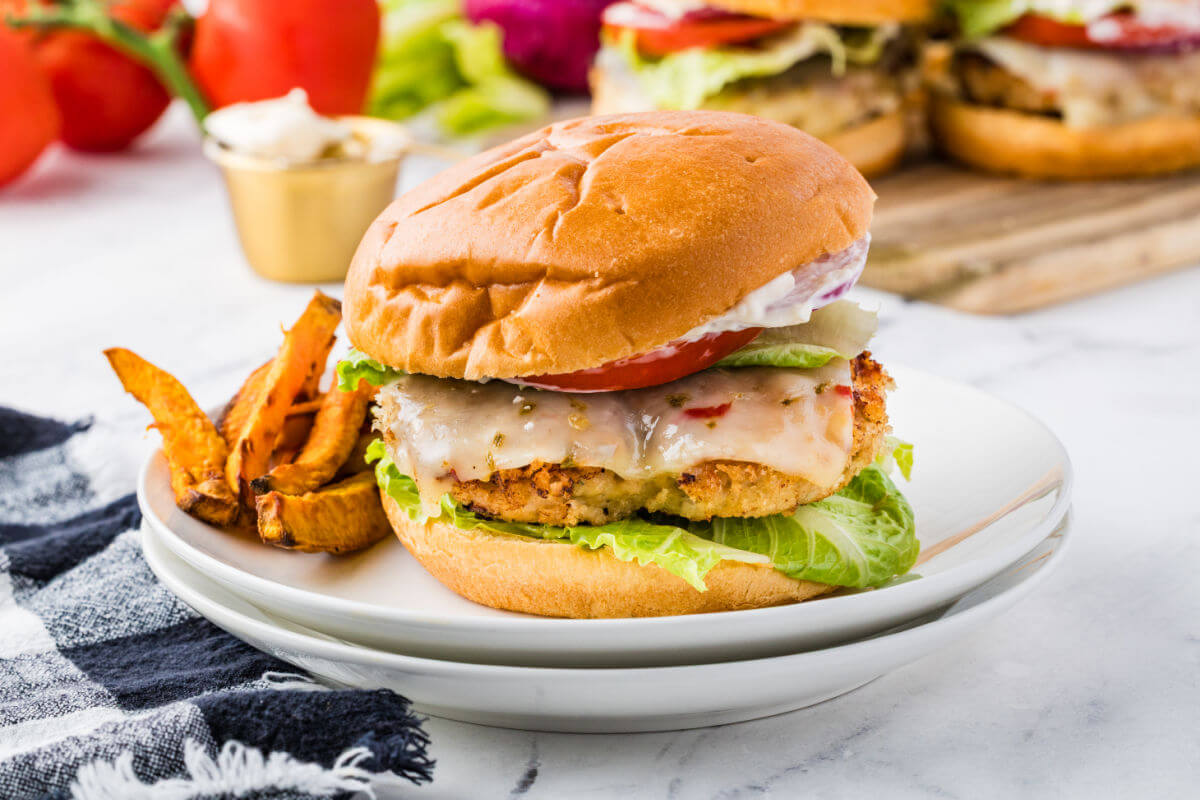 Chicken burger on a plate.