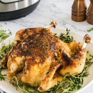 Instant Pot roast chicken on a plate.