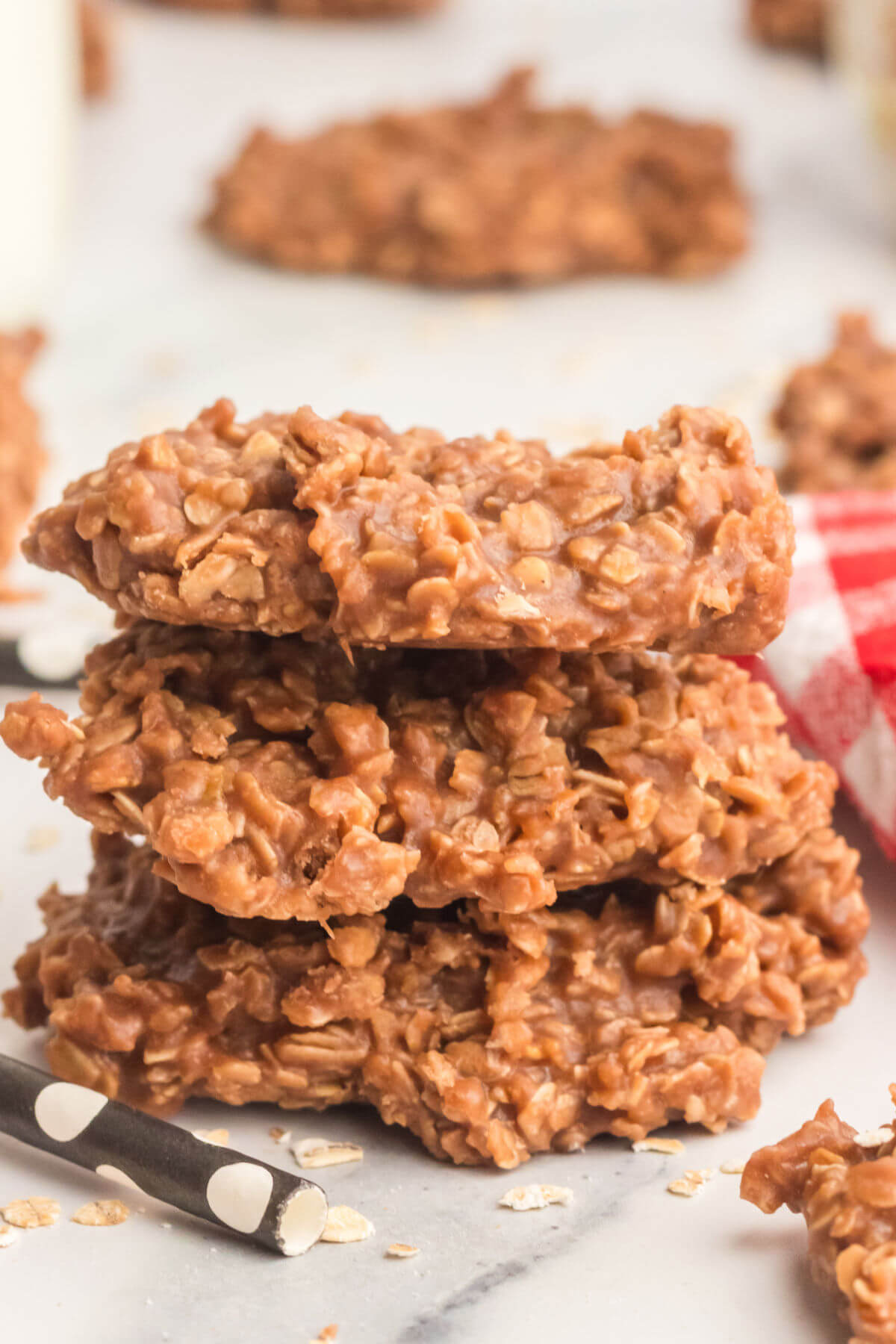 No bake cookies with peanut butter in a stack.