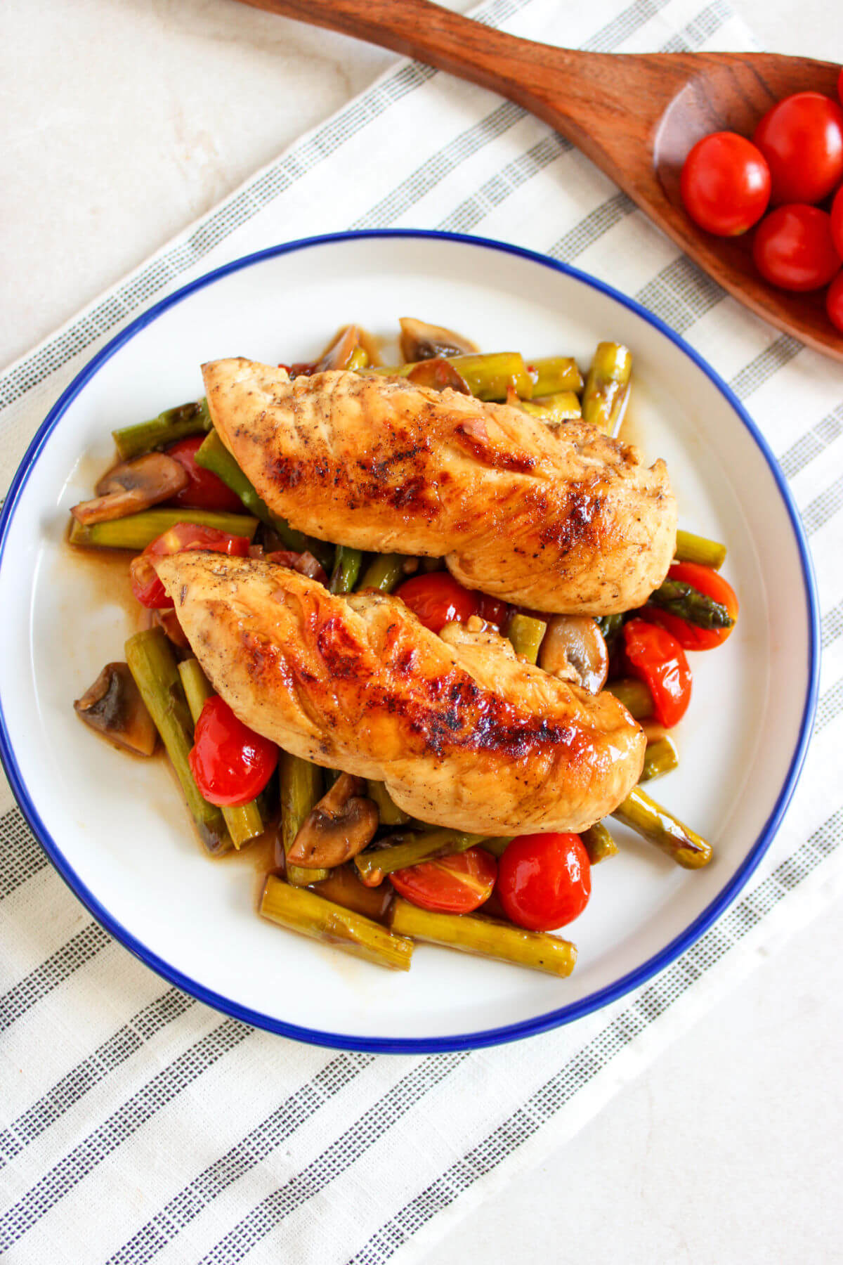 One pan chicken and vegetables on a plate for serving.