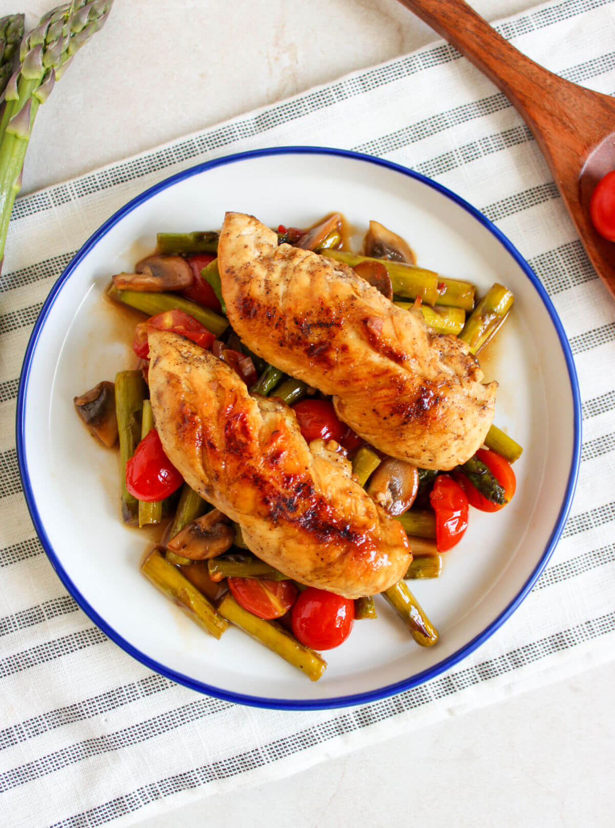 One pan chicken and vegetables on a plate for serving.