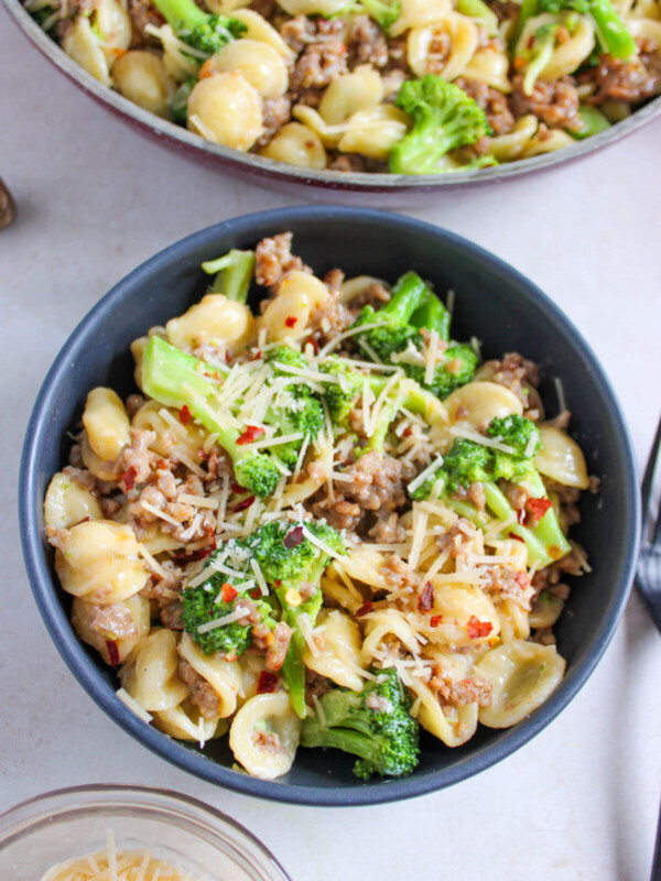 Sausage and broccoli casserole in a bowl.