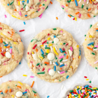 Sourdough Funfetti cookies on a baking sheet after baking.