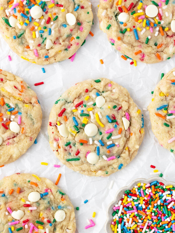 Sourdough Funfetti cookies on a baking sheet after baking.