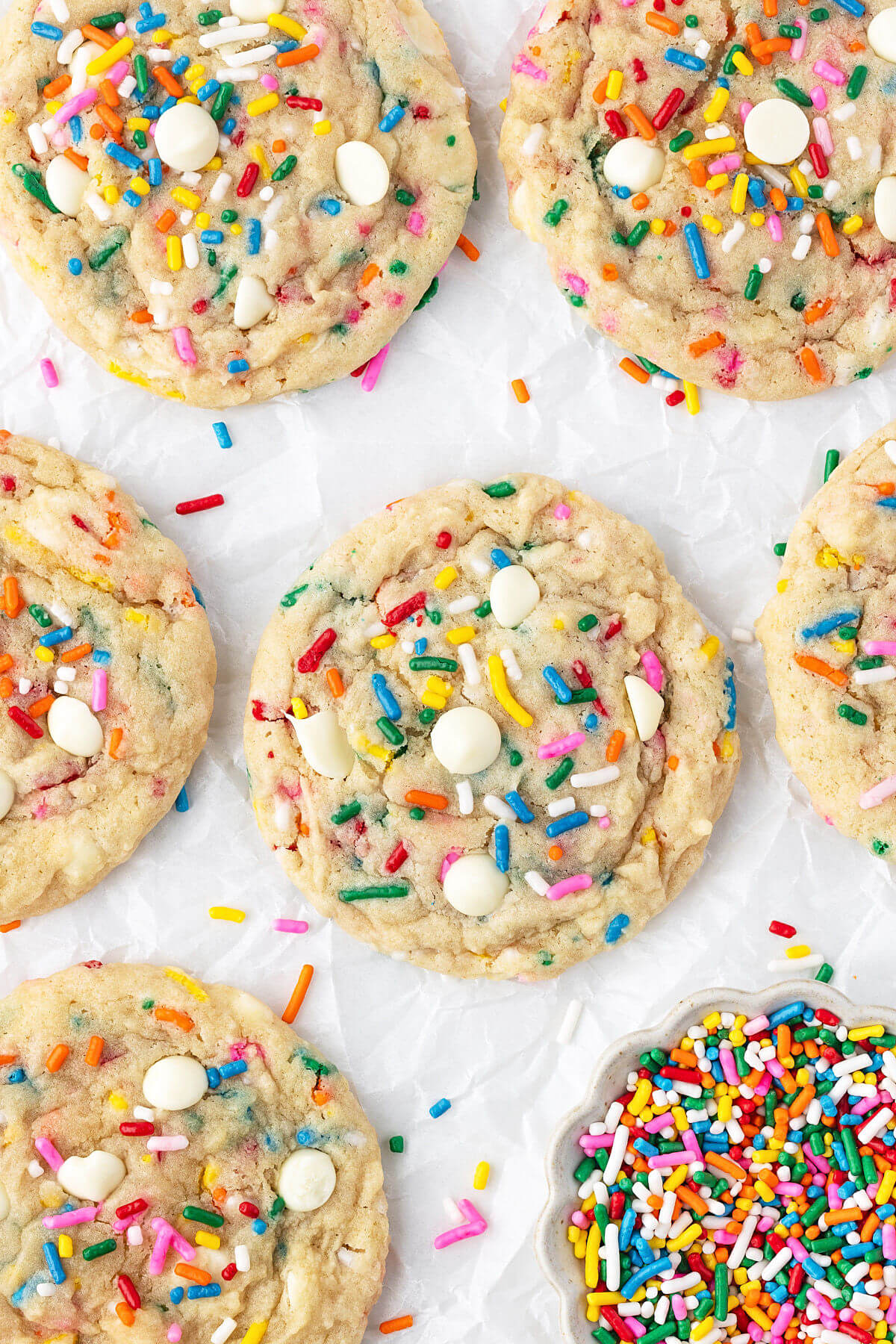 Sourdough Funfetti cookies on a baking sheet after baking.
