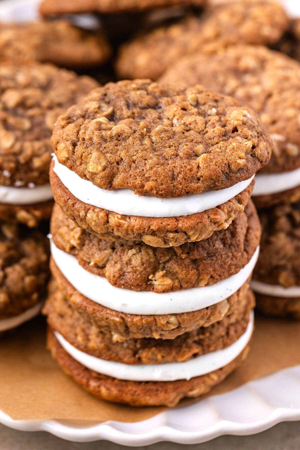 A stack of sourdough oatmeal cream pies on a plate.