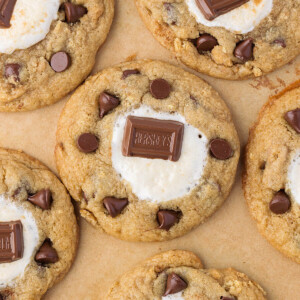 Sourdough s'mores cookies on a piece of parchment paper.