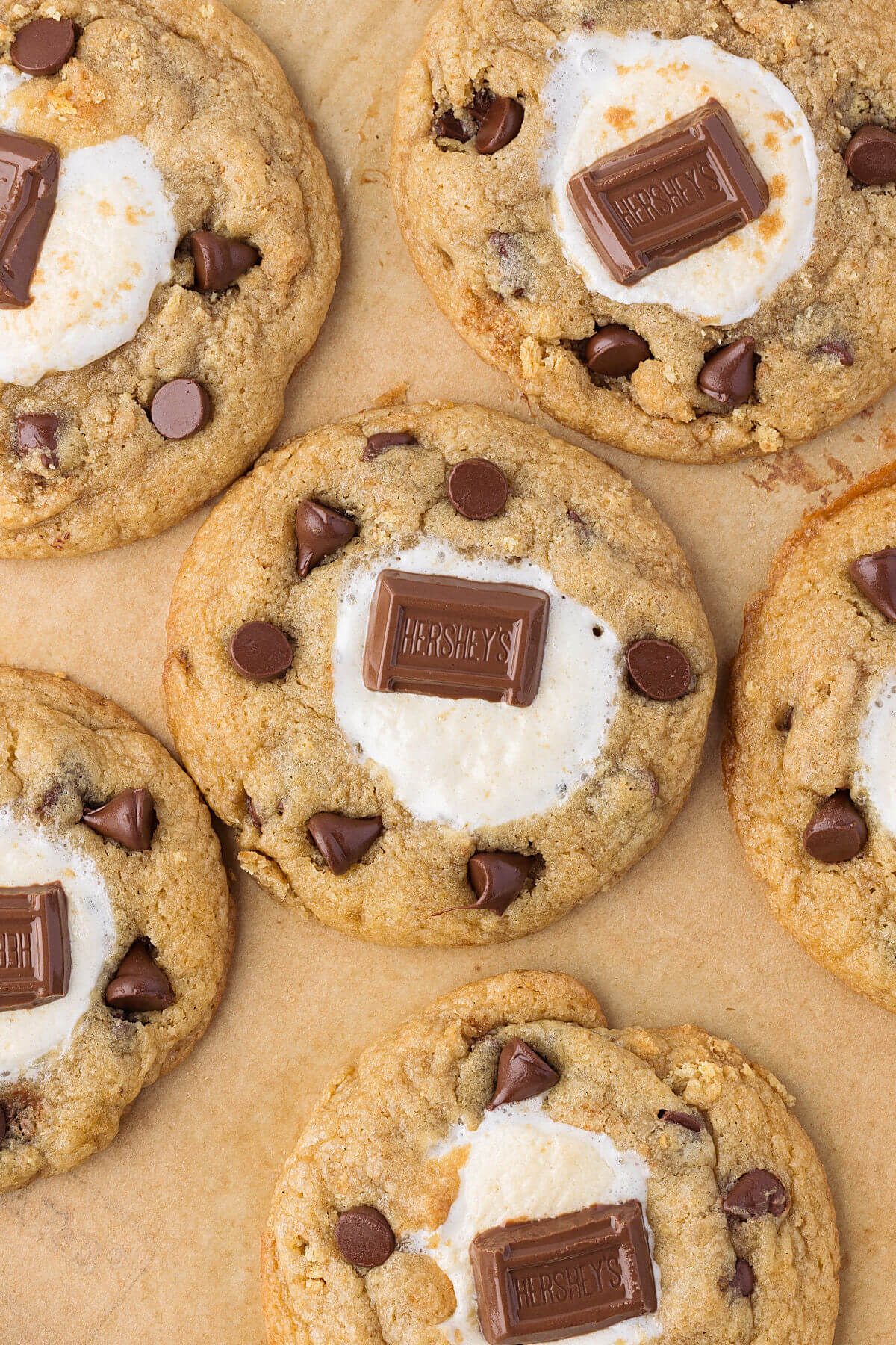 Sourdough s'mores cookies on a piece of parchment paper.