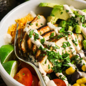 Southwest chicken bowl recipe in a bowl for serving.