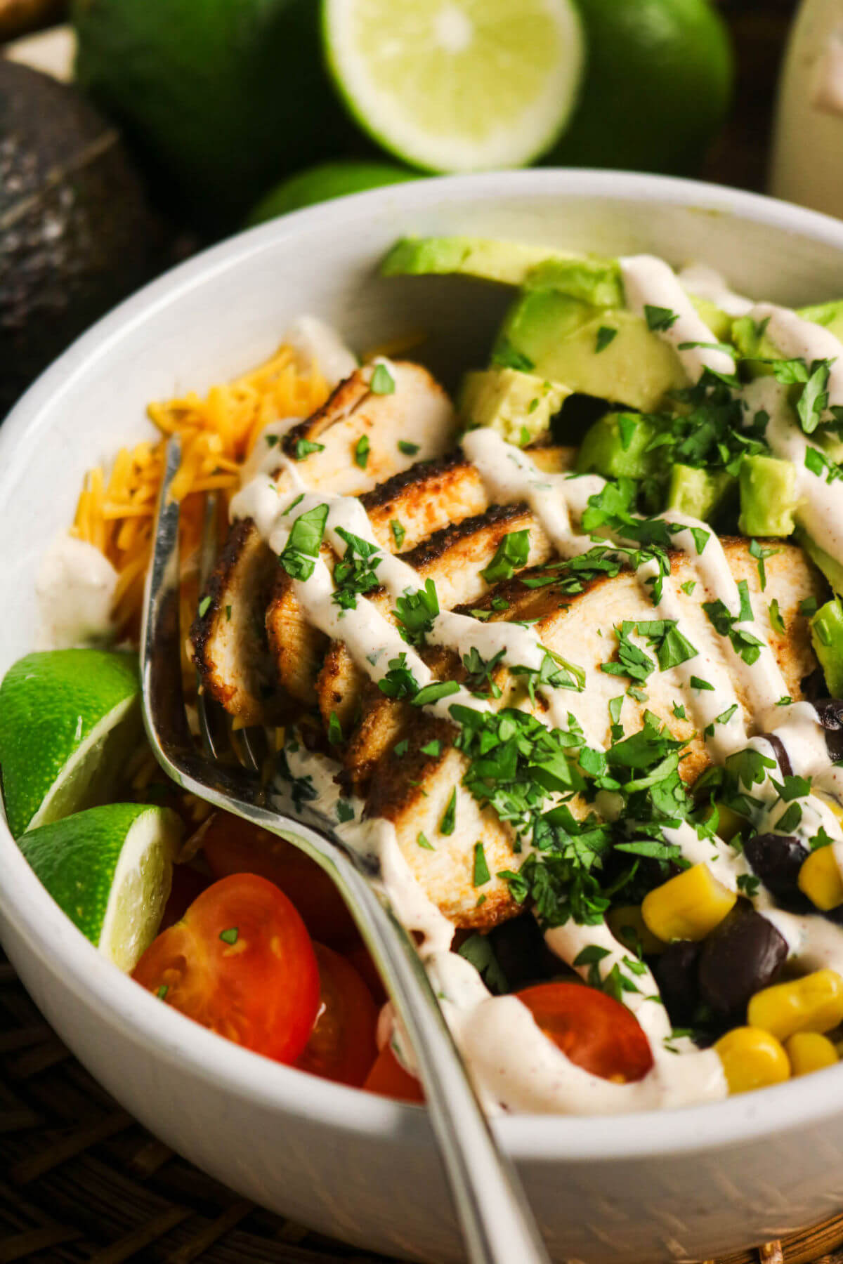 Southwest chicken bowl recipe in a bowl for serving.