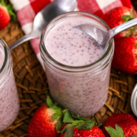 Strawberry chia pudding recipe in a mason jar.
