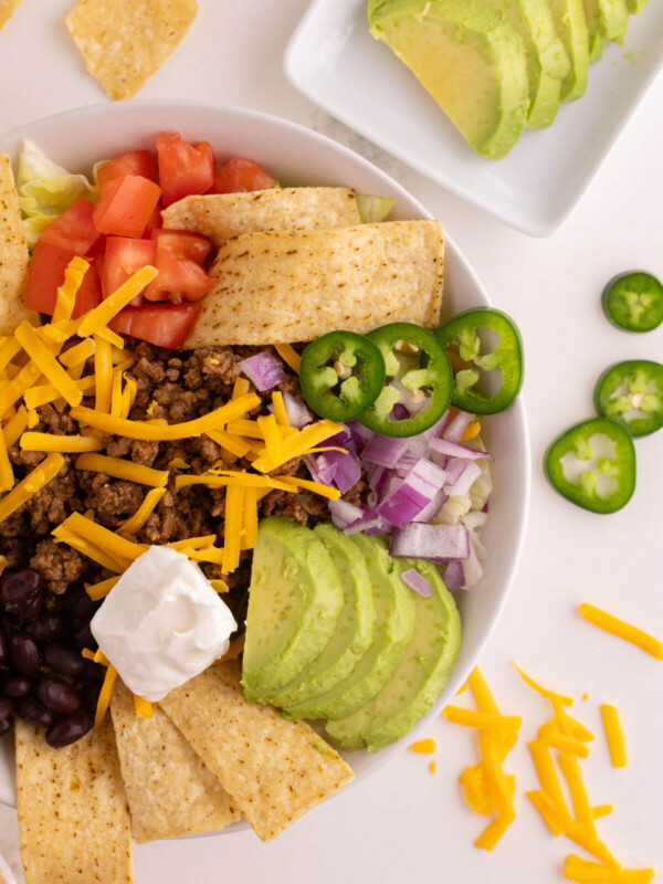 Easy taco salad recipe in a bowl for serving.