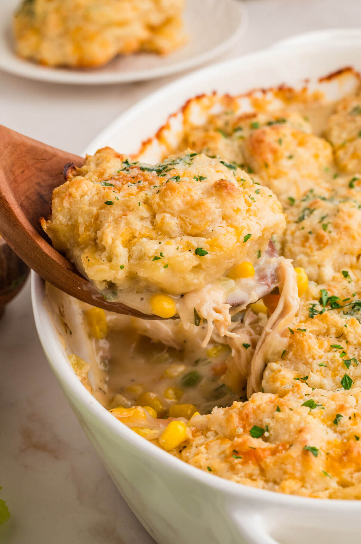 Turkey pot pie with cheesy drop biscuits being served.