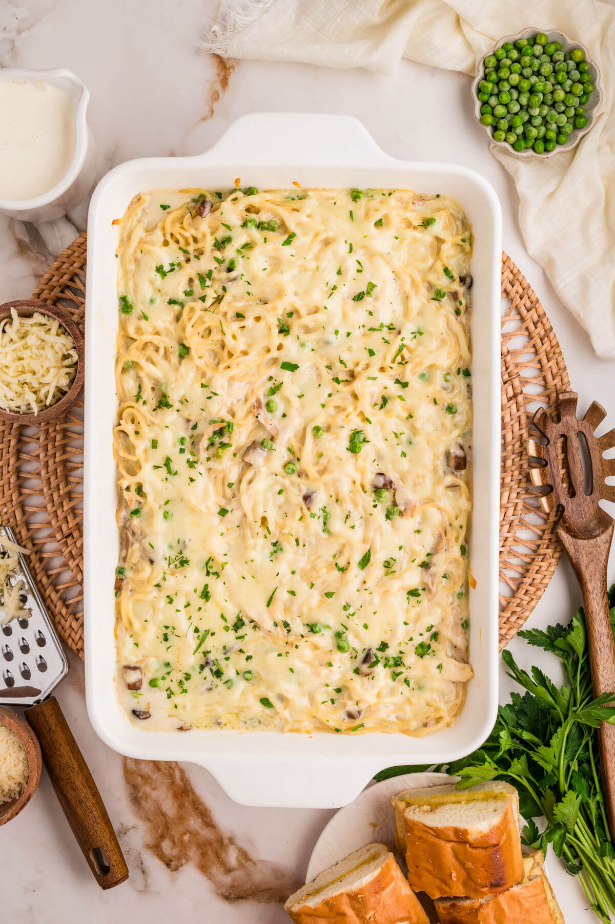 Turkey tetrazzini in a baking dish after being removed from the oven.