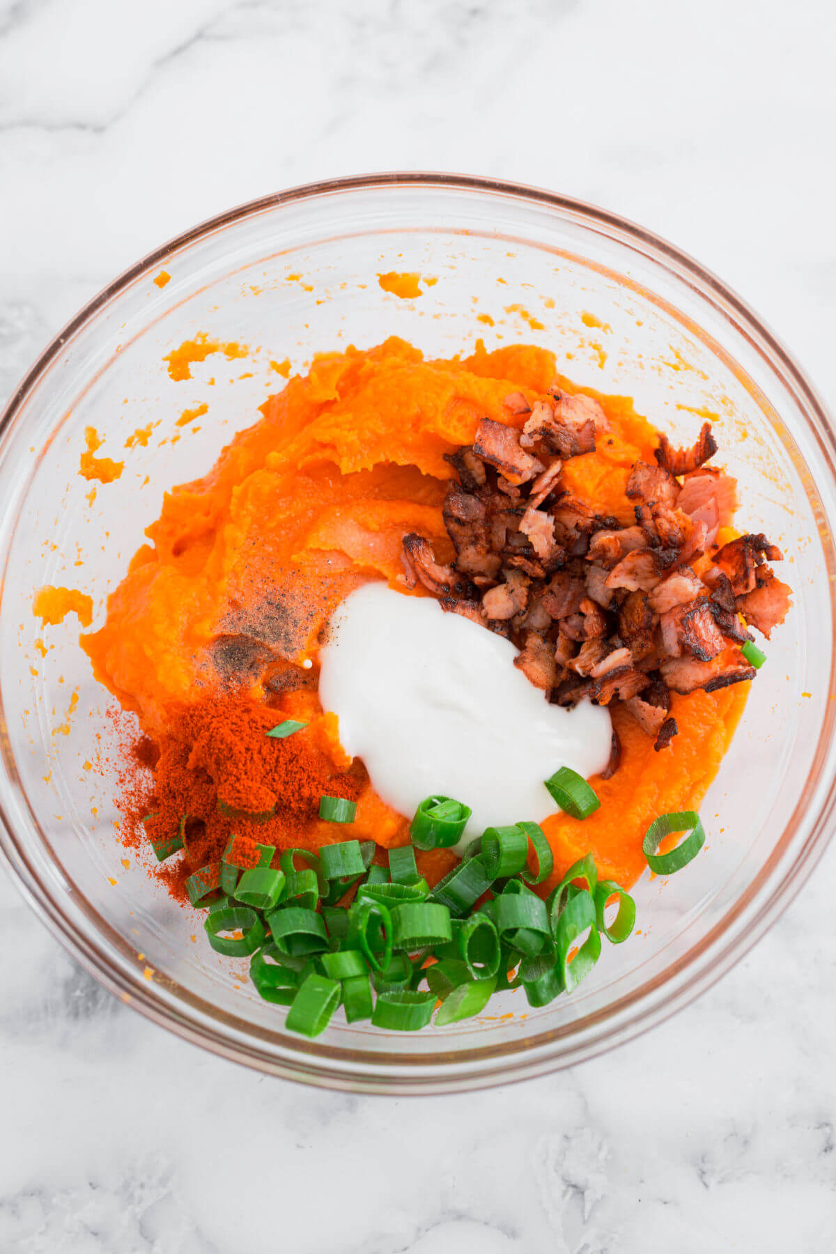 Bowl of twice baked sweet potatoes filling.