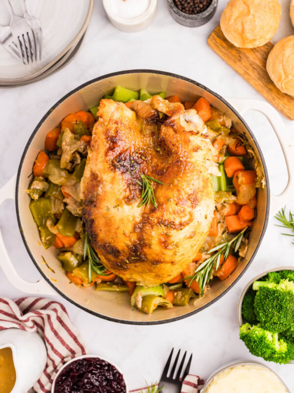 Honey glazed turkey breast in a Dutch oven.