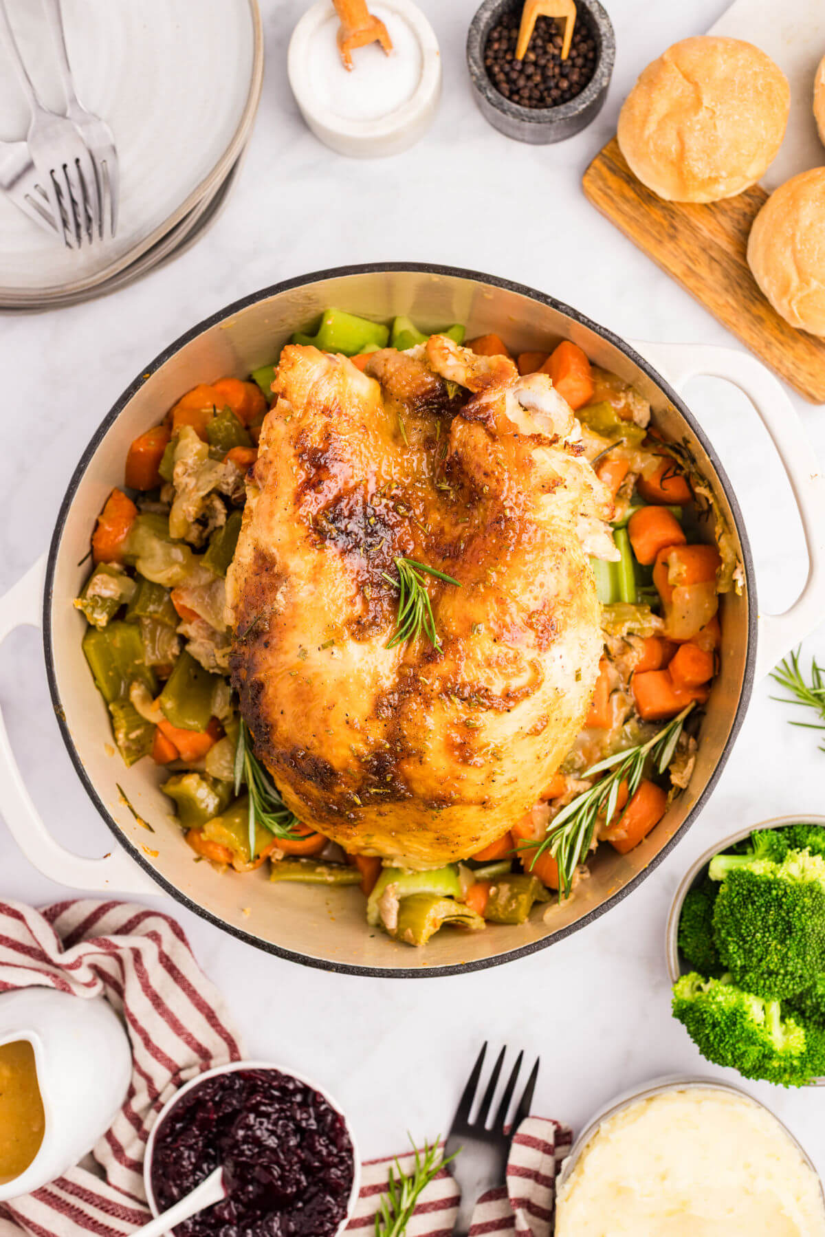 Honey glazed turkey breast in a Dutch oven.