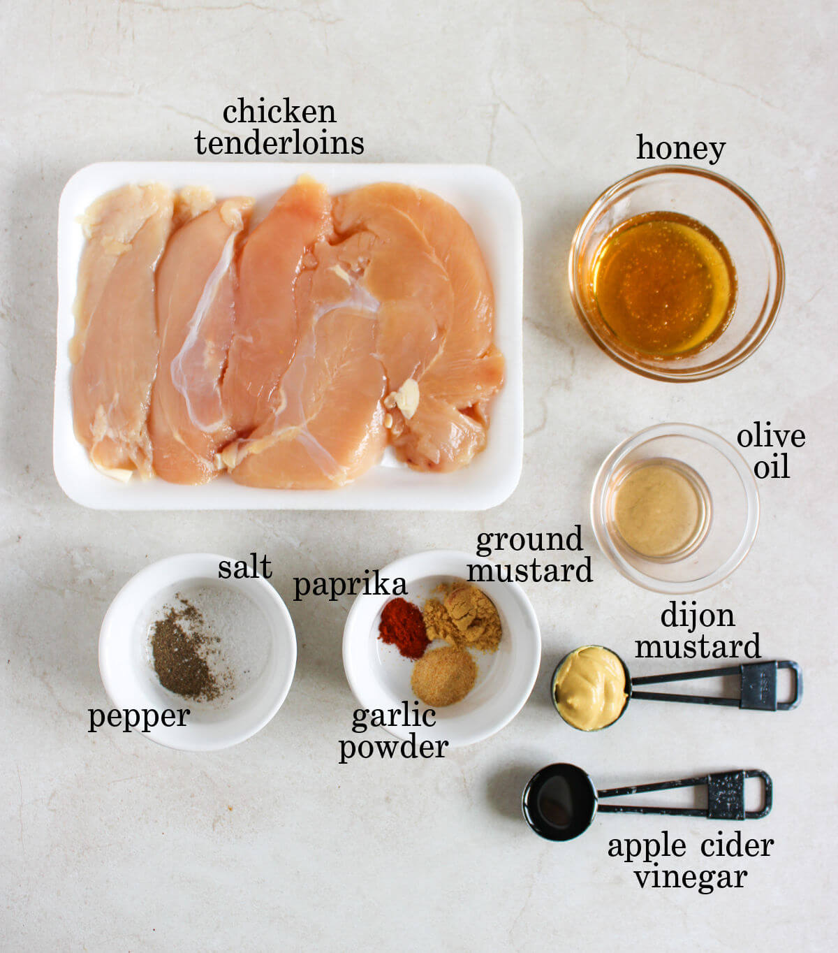 Ingredients for honey mustard chicken tenders.