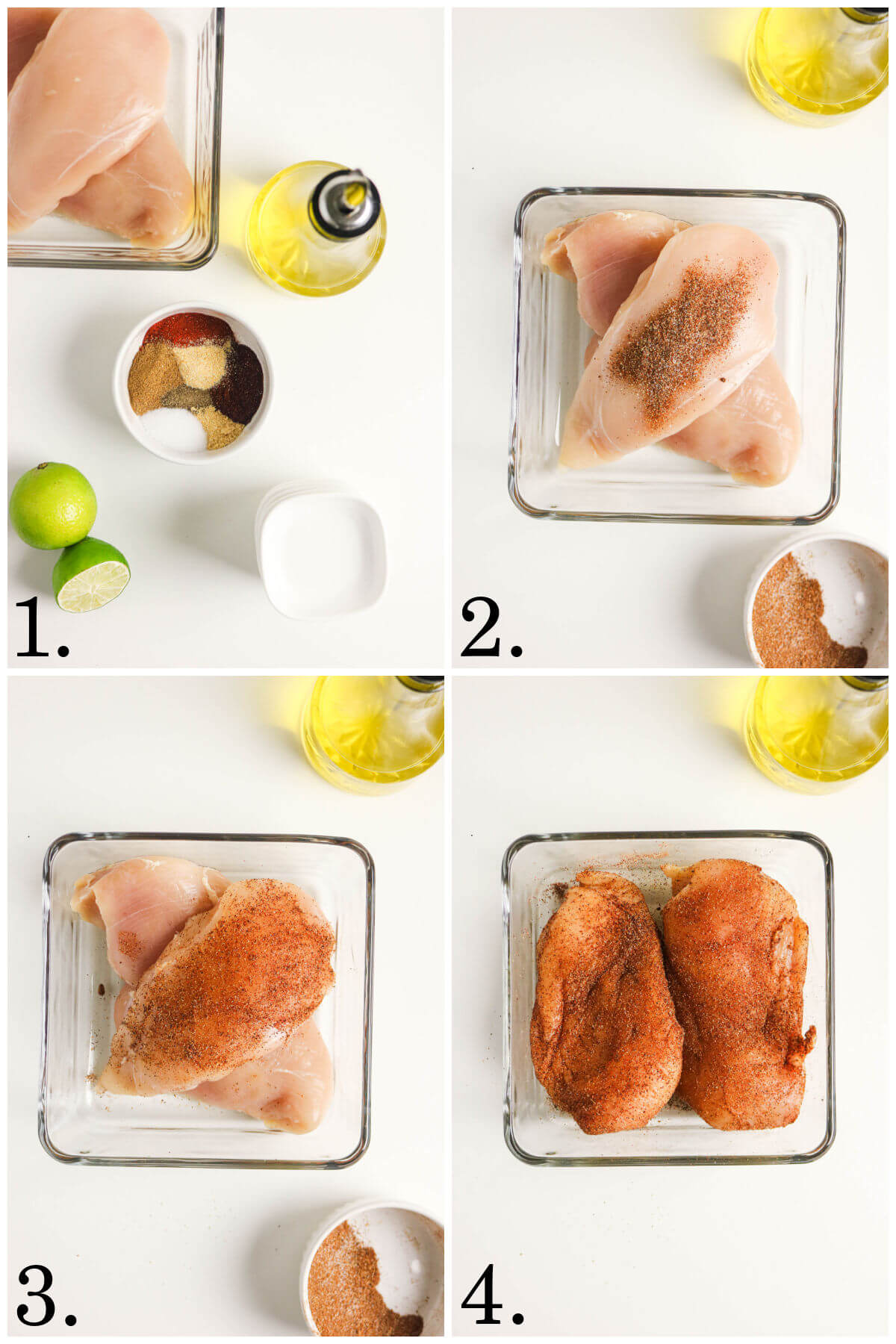 Collage of four photos showing steps 1-4 for how to make southwest chicken bowls recipe.