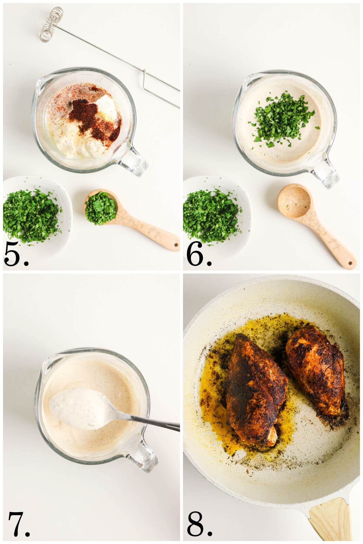 Collage of four photos showing steps 5-8 for how to make southwest chicken bowls recipe.