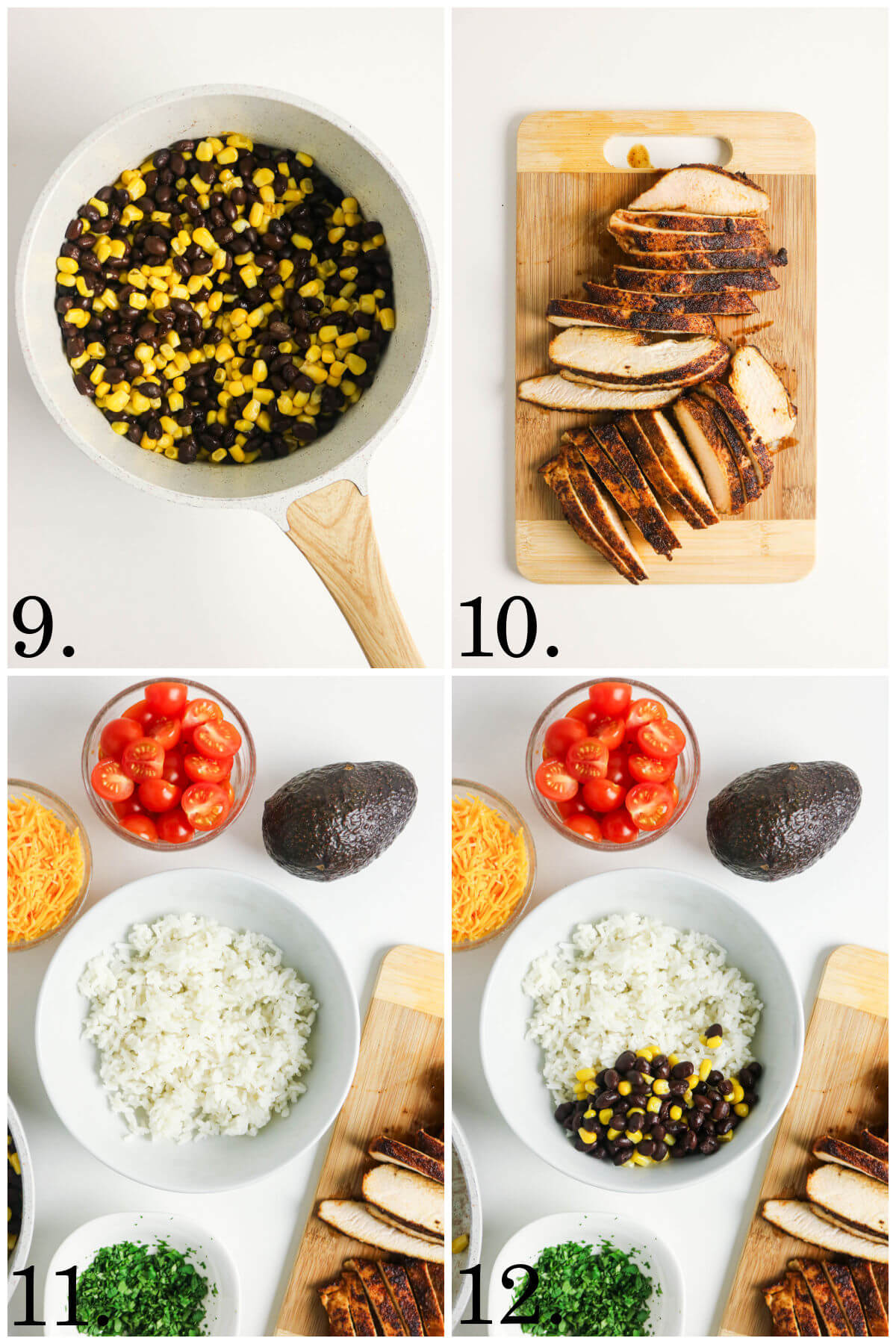 Collage of four photos showing steps 9-12 for how to make southwest chicken bowls recipe.
