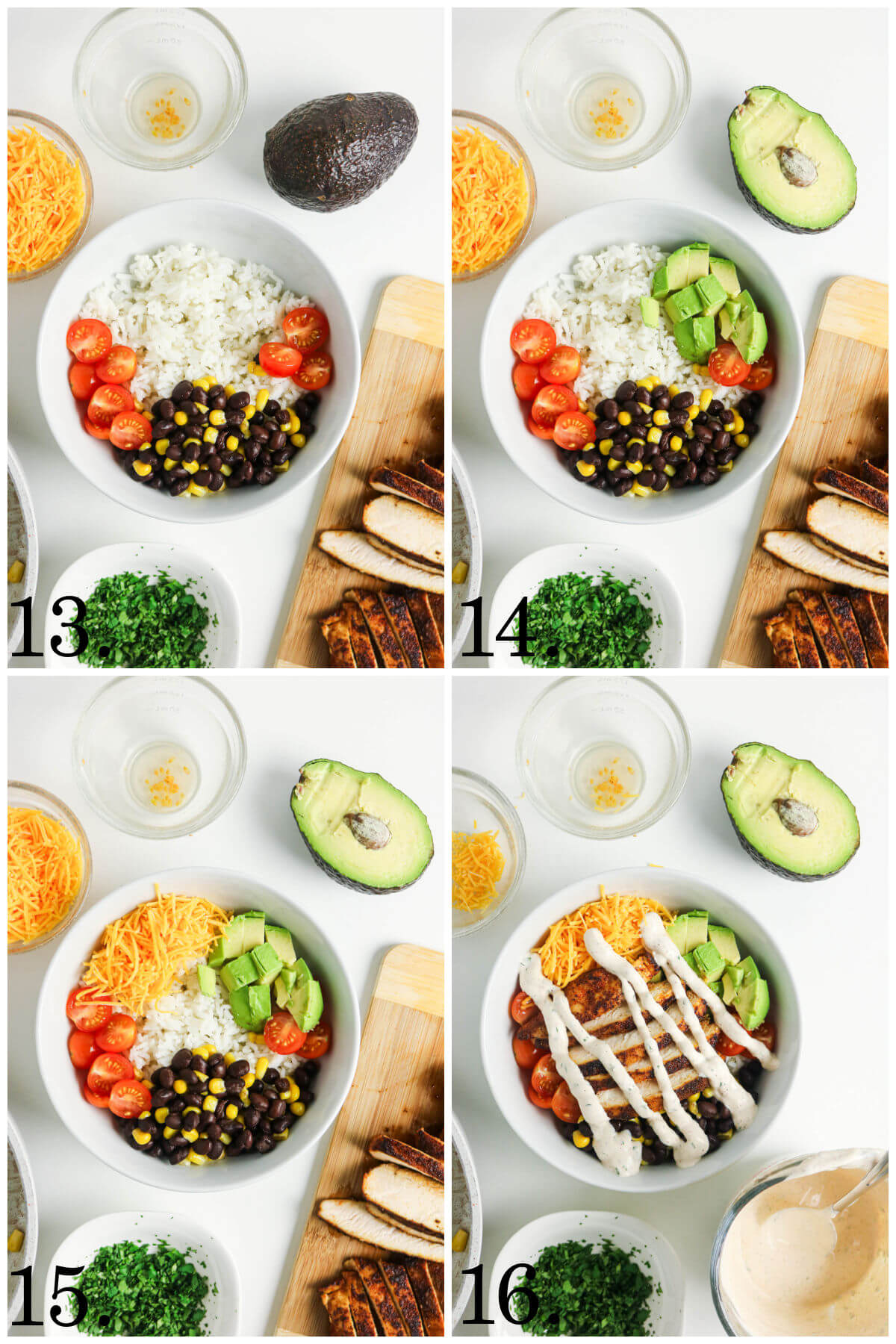 Collage of four photos showing steps 13-16 for how to make southwest chicken bowls recipe.