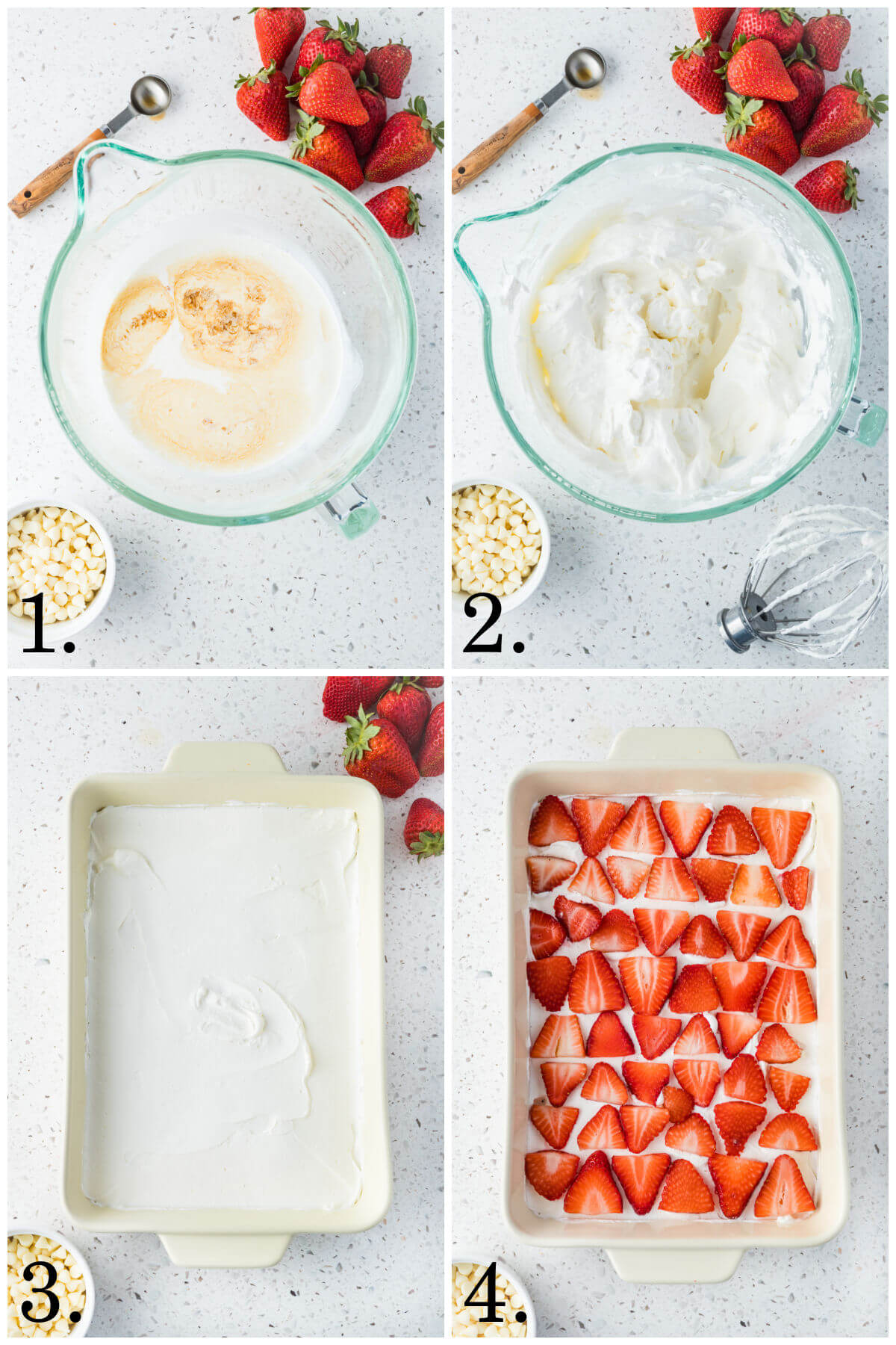 Collage of four photos showing steps 1-4 for how to make strawberry icebox cake.
