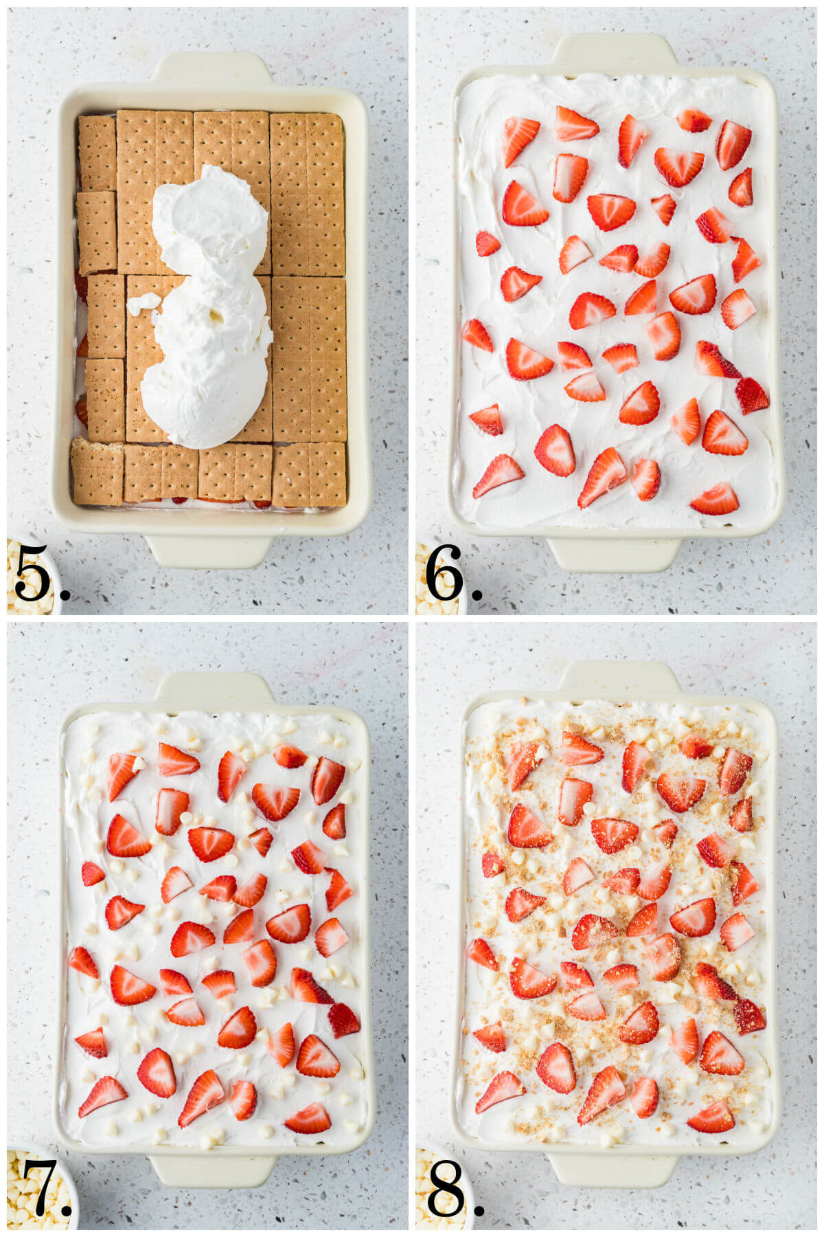 Collage of four photos showing steps 5-8 for how to make strawberry icebox cake.